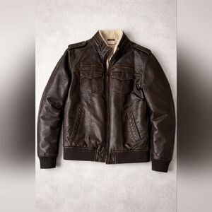 Levi’s Faux Leather Sherpa Lined Bomber Jacket Brown Aviator Moto Zip Coat
